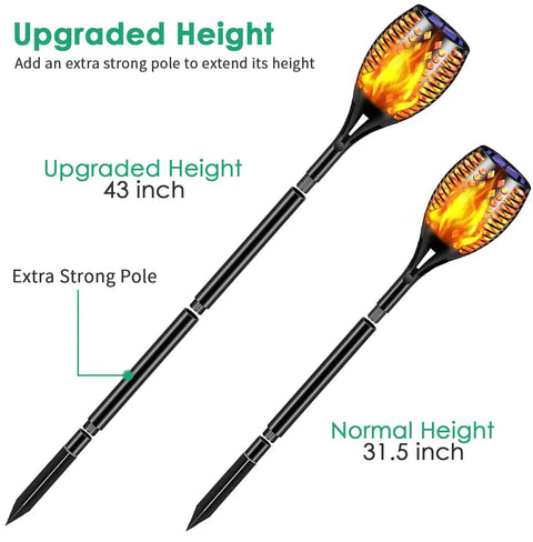 43 Inch Solar Flameless LED Torches With Flickering Flame Effect, Waterproof Outdoor Pathway Lights comparison of 43-inch and 31.5-inch heights