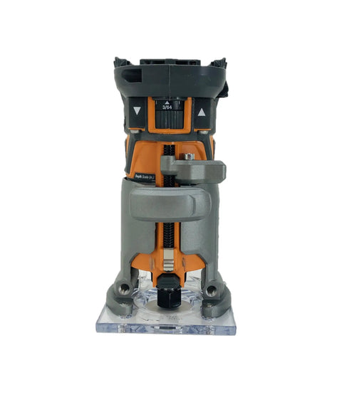 Front view of Cordless Brushless OCTANE Fixed Base Router 18 Volt Power Tool with 1/4 inch bit, showing base and adjustment controls.