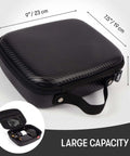 Slick Carbon Look Eva Tech Cable Organizer With Secure Mesh Pockets And Stretchy Elastic Bands For Phones Chargers And Power Banks Hella Rugged Badass Hard Shell Travel Box For Daily Grind And RoadTrips Black, showing dimensions 9" x 7.5" x 3.5".