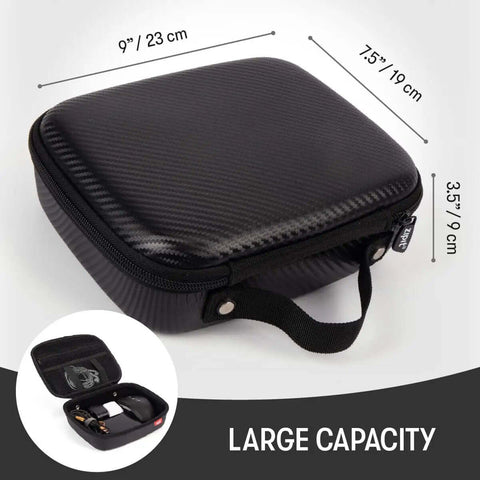 Slick Carbon Look Eva Tech Cable Organizer With Secure Mesh Pockets And Stretchy Elastic Bands For Phones Chargers And Power Banks Hella Rugged Badass Hard Shell Travel Box For Daily Grind And RoadTrips Black, showing dimensions 9" x 7.5" x 3.5".