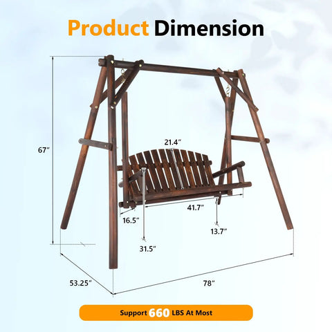 Dimensions of Heavy Duty 880 Lbs Wooden Porch Swing With A Frame Stand For Outdoors And Garden Rustic Sequoia Dusk Finish