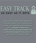 Easy Track customer service announcement about missing product pieces in multiple boxes.