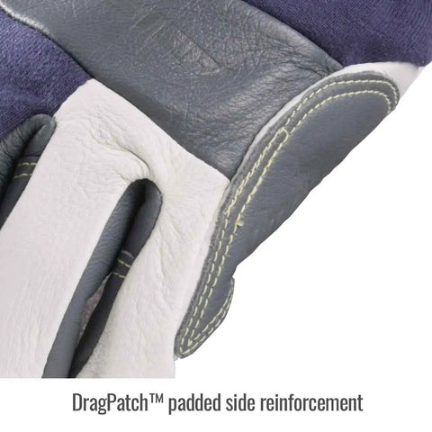 Premium Grain Goatskin TIG Welding Glove with flame resistant cotton Kevlar stitching and DragPatch side reinforcement, medium size.