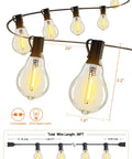 Outdoor LED String Lights 100 Ft Waterproof With 52 Dimmable Edison Bulbs Shatterproof Design close-up with measurements and connection details.