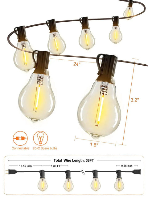 Outdoor LED String Lights 100 Ft Waterproof With 52 Dimmable Edison Bulbs Shatterproof Design close-up with measurements and connection details.