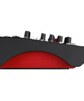 Side view of Six Channel Compact Live Mixer with Guitar DI High Impedance Inputs and GS Pre Preamps, red metal chassis, built-in FX
