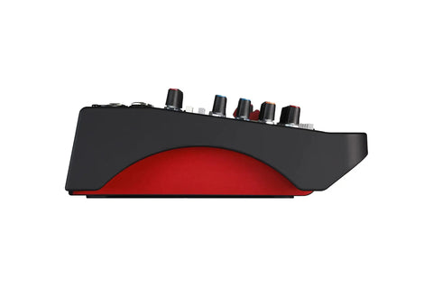 Side view of Six Channel Compact Live Mixer with Guitar DI High Impedance Inputs and GS Pre Preamps, red metal chassis, built-in FX
