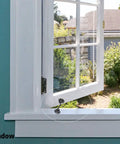 Stainless Steel Gate Hook and Eye Latch for Cabinet Door Window Shed Barn installed on window, 40 x 2.8 x 0.6cm, providing secure closure.