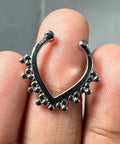 Dope Tribal Multi Dot V Shape Design 14 Gauge 316L Surgical Steel Hoop Clip On Fake Septum Nose Ring Non Piercing Jewelry held by fingers