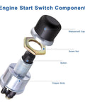 12V Weatherproof Push Button Start Switch with black neoprene cap, screw nut, button, and copper body for cars, trucks, boats, RVs, and ATVs.