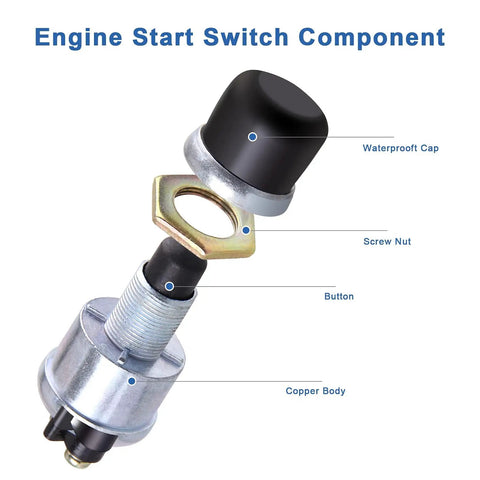 12V Weatherproof Push Button Start Switch with black neoprene cap, screw nut, button, and copper body for cars, trucks, boats, RVs, and ATVs.
