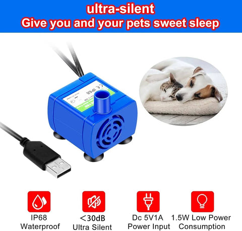 Pet Water Fountain Pump Replacement With LED Indicator And Cleaning Brush, 5V 1.5W Motor Compatible DR-DC160, USB power, blue.