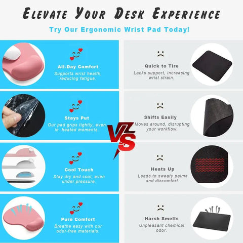 Comparison chart featuring a pink gel wrist rest mouse pad for desk and gaming ergonomic comfort with non slip silicone surface and rubber base