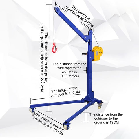 Heavy Duty Manual Crane Workhorse With Swivel Caster Wheels And Self Locking Winch Hand Cranked Folding Lift Jack For Engine Swaps 500 KG Capacity with adjustable measurements.