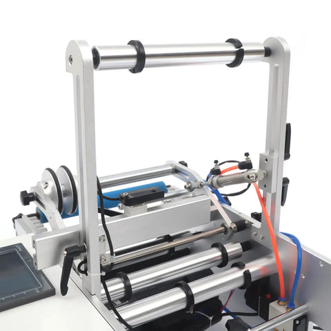 Close-up of Semi Automatic Label Applicator Round Bottle Labeling Machine With High Precision Fiber Sensor and 300W Motor details.