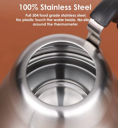Top view of Gooseneck Pour Over Kettle With Flow Control For Stovetop Brew, stainless steel interior, 28oz capacity.