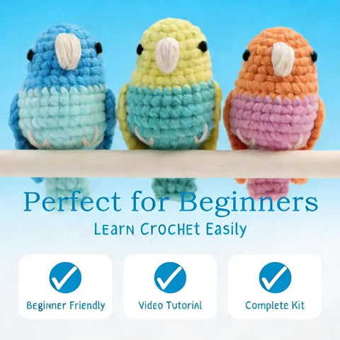 Beginner Crochet Kit For Amigurumi Birds Make 3 Mini Budgie Buds With Easy Peasy Step-By-Step Video Tutorial Yarn Hook Safety Eyes Stuffing Included Easy DIY Craft Kit Gift For Adults, displaying three colorful crocheted budgies.