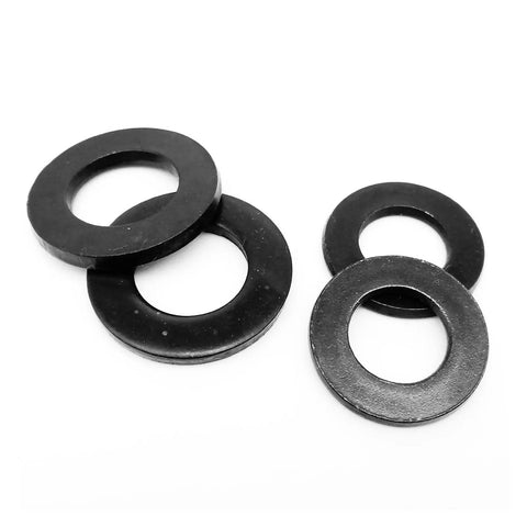 Black Plated 304 A2 Stainless Steel GB97 Flat Washer Plain Gasket Pad M1.6 To M12, assorted sizes, close-up view, 100 pieces pack