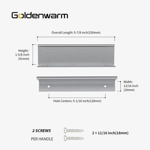 Diagram of Brushed Nickel Finger Edge Pulls for Cabinets and Drawers, with 5 Inch Hole Centers, dimensions, and screws shown