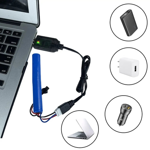 Must Have 7.4V USB Charger Cable With XH 3Pin Plug connected to laptop and battery, with icons of various power sources