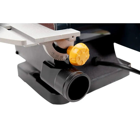 Close-up of miter gauge and tilt table on dual function belt and disc sander for woodworking with dual dust ports and guard.