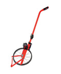 Top Tier Metric Measuring Wheel Featuring A Smooth Belt Driven Counter And Heavy Duty Rubber Tire For Rock Solid Linear Measurements On Rough Job Sites Compact Fluorescent Red Build, shown from the front.