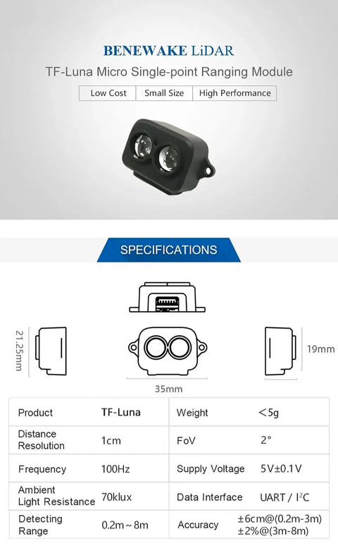High Precision LiDAR ToF Ranging Module For DIY Projects, Ultra Accurate 0.2 To 8 Meters Range, 100 Hz Refresh Rate, UART And I2C Interfaces