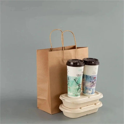 Brown Kraft Bags Heavy Duty Thickened Kraft Paper Shopping Bags 60 Pack Bulk For Takeout Groceries Parties Weddings Gifts 32x11x25cm Durable Reusable Eco Friendly Everyday Carry Bags with coffee cups and containers