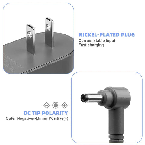 Close-up of Replacement Dyson Charger For Cyclone V10 And V11 Vacuums That Charges Fast Like A Charm plug and DC tip polarity.