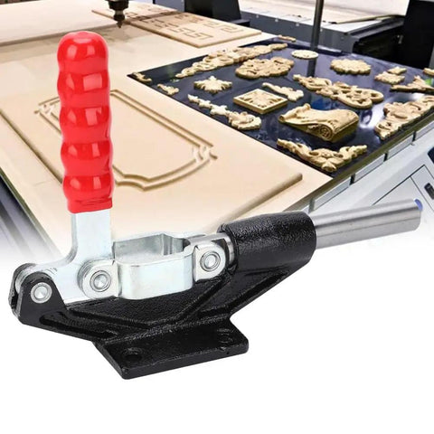 Horizontal Push Pull Toggle Clamp Killer Grip Quick Release Heavy Duty Workshop Fixture With Flange Mount No Sweat Setup For Woodworking, red handle and base on work surface.