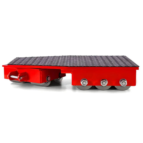 Straight Up Heavy Duty Machine Skates With 180 Degree Rotating Steel Alloy Wheels 50 Ton Capacity Industrial Mover side view with rubber platform and rollers