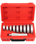 Car Bearing Press Kit With 9 Size Adapters And Seal Driver For Damage Free Wheel Bearing Installations in open red case.