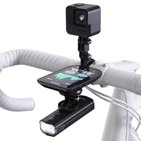 Out Front Bike Mount For Garmin And More Multi Position Extension Holder with GoPro and light attached on white handlebars.