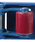 Top-down view of blue pallet jack showing red load roller and white caster at the fork end
