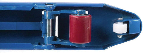 Top-down view of blue pallet jack showing red load roller and white caster at the fork end