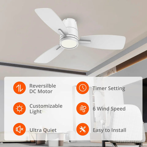42 Inch Ceiling Fan With Lights And Remote Control, Quiet DC Motor, Modern low profile installation in living room.