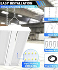 4 Pack LED Linear High Bay Lights Power Options 300W 240W 200W 40500LM 5000K Daylight Dimmable 0-10V Adjustable Tilt image with accessories.
