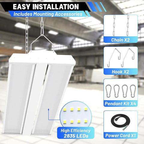4 Pack LED Linear High Bay Lights Power Options 300W 240W 200W 40500LM 5000K Daylight Dimmable 0-10V Adjustable Tilt image with accessories.