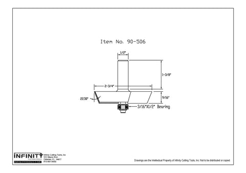 Technical diagram of Half Inch Shank Router Bit Twenty Two Point Five Degree Shaker Raised Panel For Handheld Or Table Mounted Wood Routers Two And Three Quarters Inch Diameter Nine Sixteenths Inch Cutting Height Carbide Tipped, showing dimensions and bearings.