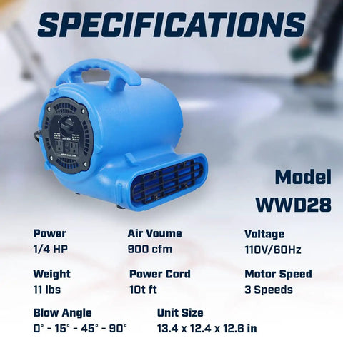 Blue 1/4 HP 900 CFM Air Mover Carpet Dryer Floor Fan with specifications shown, including power, size, and speed settings.