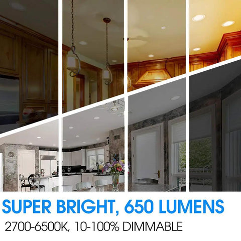 12 Pack 5 to 6 Inch LED Recessed Downlights With Baffle Trim Wet Rated E26 Base 10.5W Equal 85W Dimmable 5CCT Color Temperature CRI 90 Energy Star ETL Listed Easy Retrofit Installation showcasing color temperature options in different rooms
