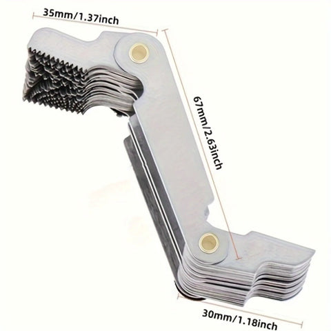 Front view of 58-piece metric and imperial screw thread pitch gauge set with folding metal blades.