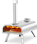 16 Inch Multi-Fuel Outdoor Pizza Oven For Wood Fired Or Gas Cooking Reaches 1112 Fahrenheit, Stainless Steel Portable Pizza Cooker For Parties, 2-In-1 System With Burners Sold Separately, side view showing a pizza inside.