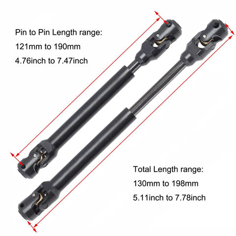 Two Pack Internal Spline RC Driveshaft 121-190mm for 1/10 Scale Crawlers, steel universal joint, measurements shown