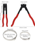CV Boot Clamp Pliers Kit With 10 Stainless Steel Crimp Bands, shown with size dimensions and adjustable clamps.
