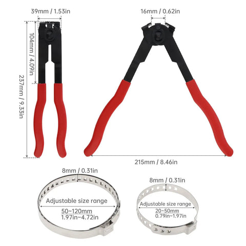 CV Boot Clamp Pliers Kit With 10 Stainless Steel Crimp Bands, shown with size dimensions and adjustable clamps.