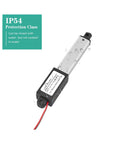 12V Electric Linear Actuator With 50mm Stroke 60N Load And Remote Lever Switch; waterproof IP54 rating, metal housing shown with water droplets