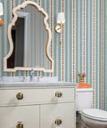 Custom Printed Vinyl Wall Covering With A Subtle Leather Look And Modern Stripe Pattern Great For Commercial Spots Or Home Hangouts in a bathroom.