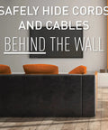 In Wall TV Power Outlet Kit White Complete Cable Grommet Set with visible television and couch in modern interior design.