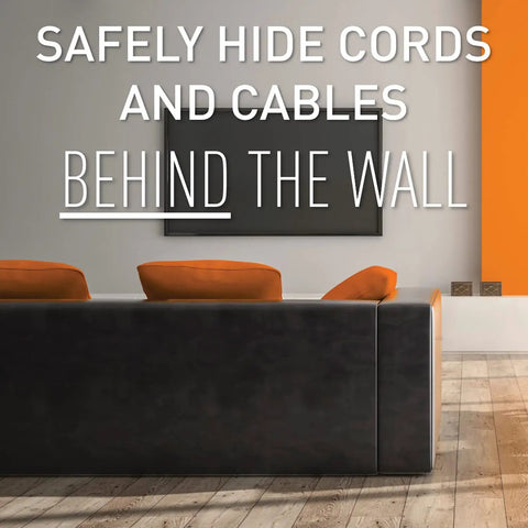 In Wall TV Power Outlet Kit White Complete Cable Grommet Set with visible television and couch in modern interior design.